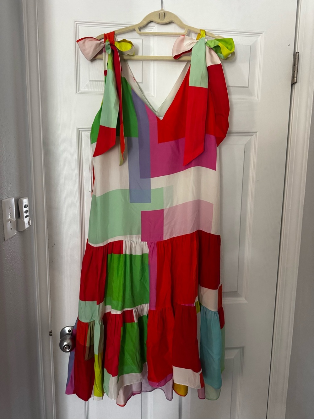 Tanya Taylor Multi-Color Tie-Shoulder Tiered Midi Dress